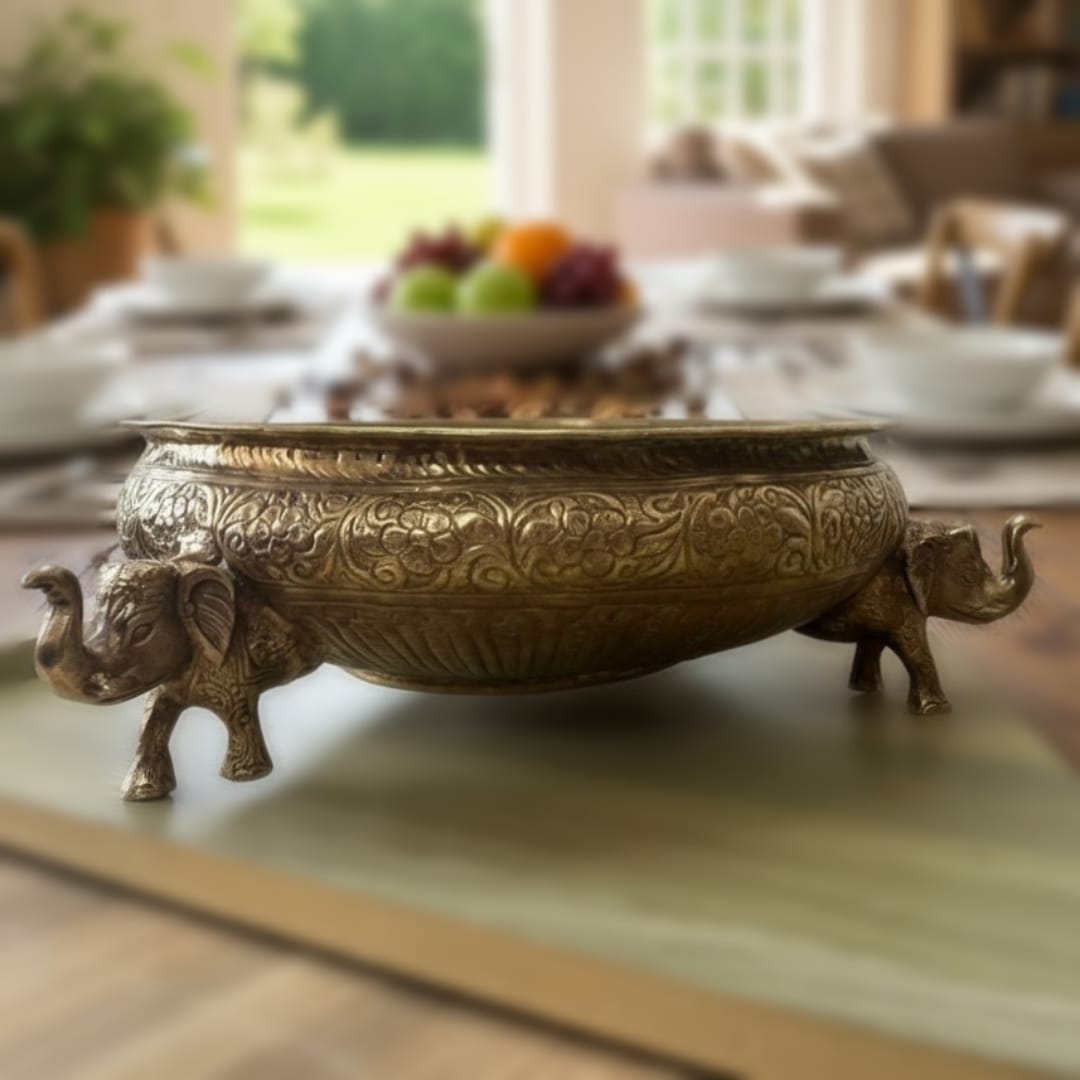 1988 Antique Brass Engraved Elephant Legs Urli | Heavy Decorative Brass Bowl