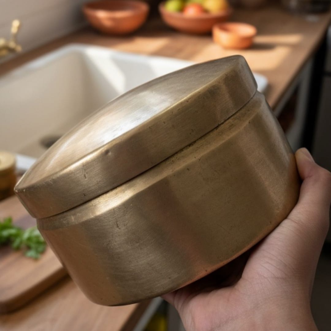 1985 Antique Brass Hammered Round Chapati Box | Compact Heavy Brass Storage