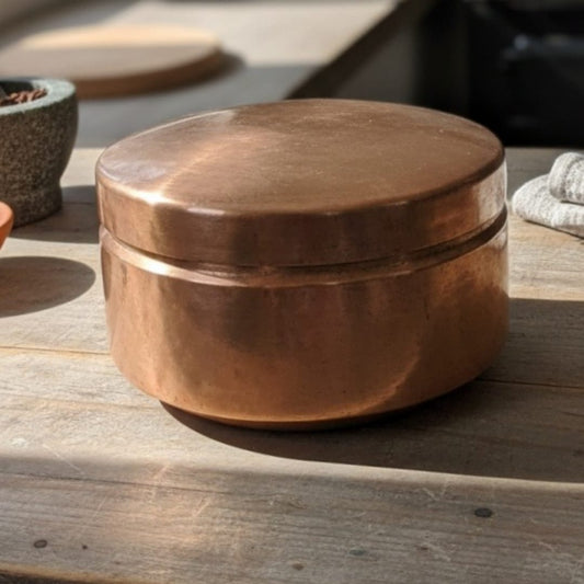 1985 Antique Brass Hammered Round Chapati Box | Compact Heavy Brass Storage