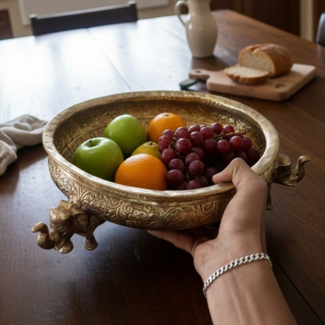 1988 Antique Brass Engraved Elephant Legs Urli | Heavy Decorative Brass Bowl