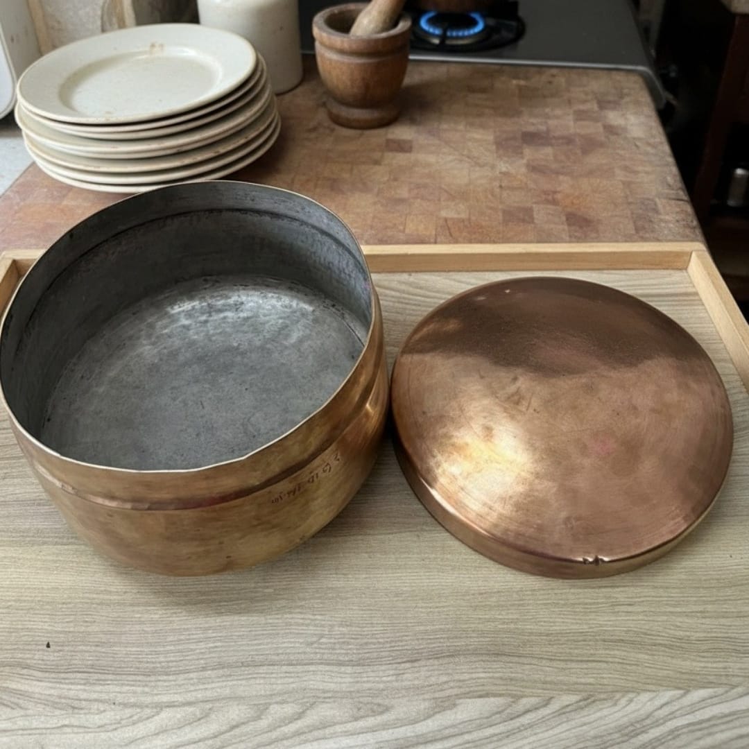 1985 Antique Brass Hammered Round Chapati Box | Compact Heavy Brass Storage