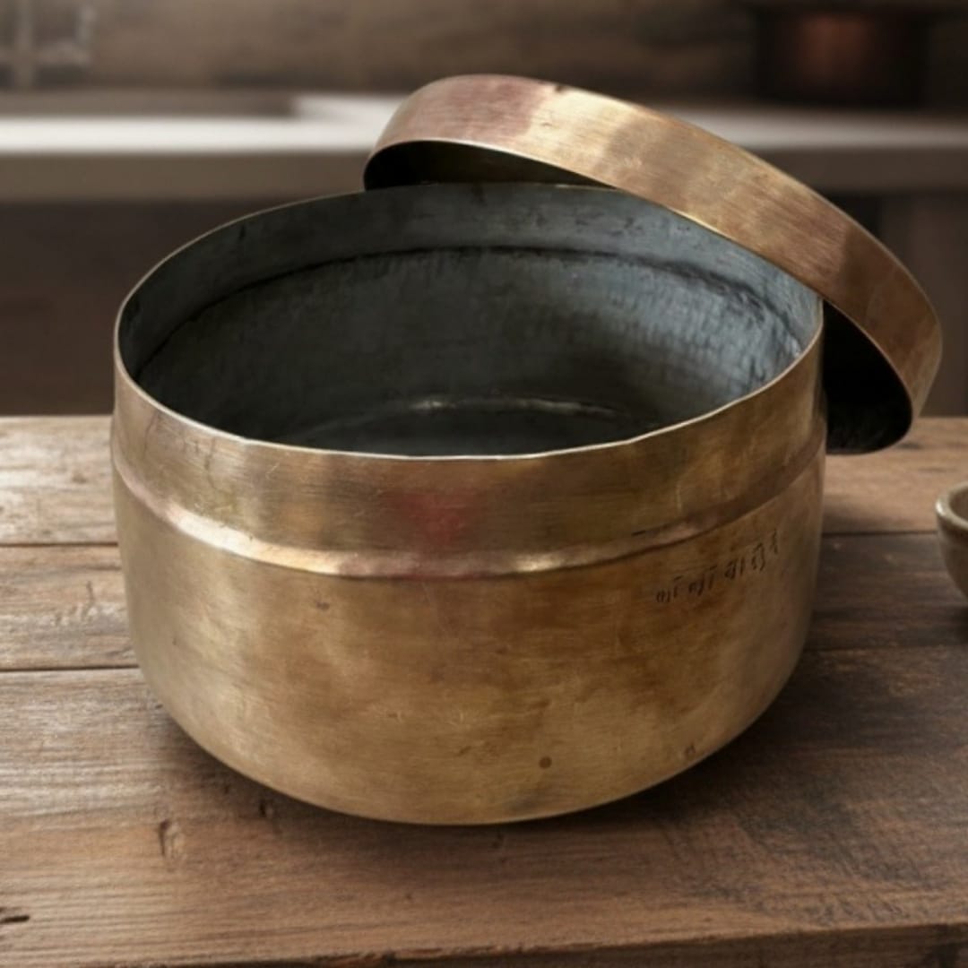 1985 Antique Brass Hammered Round Chapati Box | Compact Heavy Brass Storage