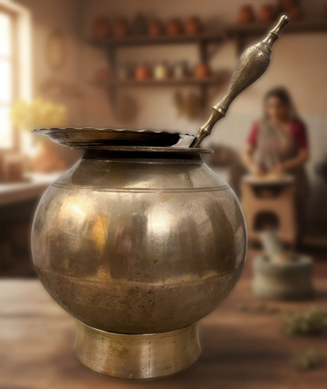 1984 Antique Bronze Cooking Bowl with Lid, Ladle and Stand | Complete Traditional Cooking Set