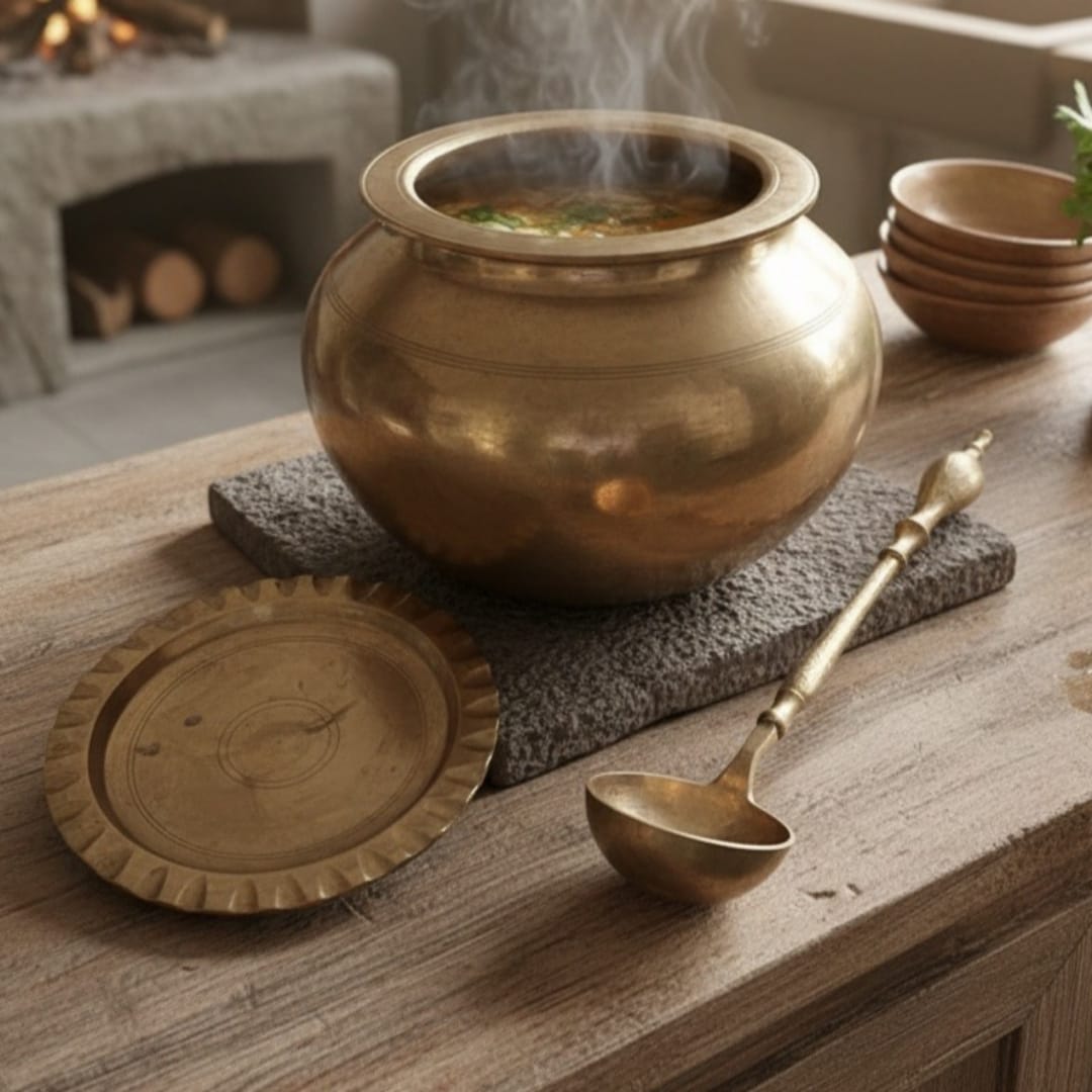 1984 Antique Bronze Cooking Bowl with Lid, Ladle and Stand | Complete Traditional Cooking Set