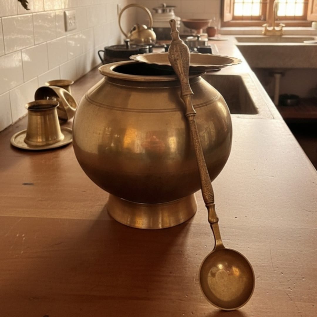 1984 Antique Bronze Cooking Bowl with Lid, Ladle and Stand | Complete Traditional Cooking Set