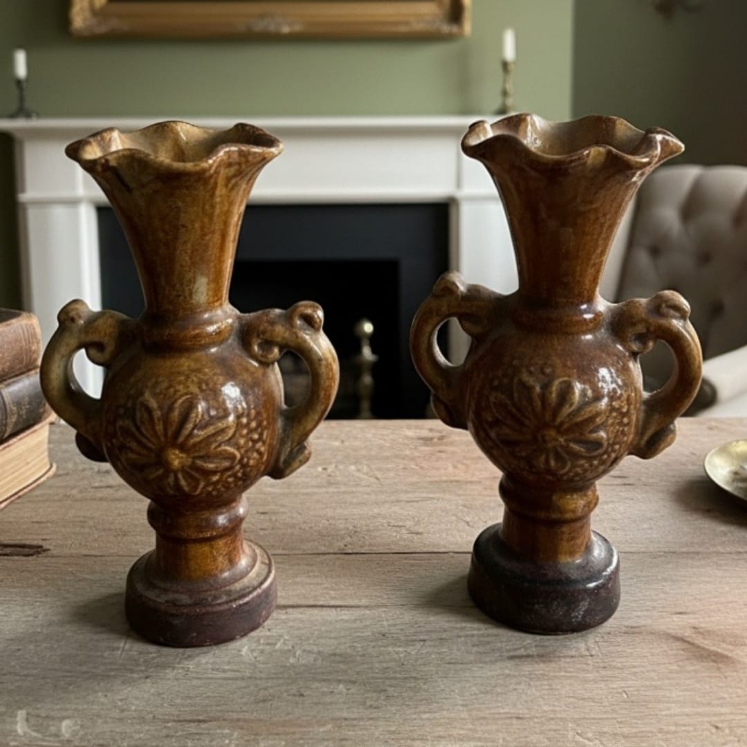 1986 Antique Ceramic Artifacts Vase Pair | Decorative Antique Display Vases