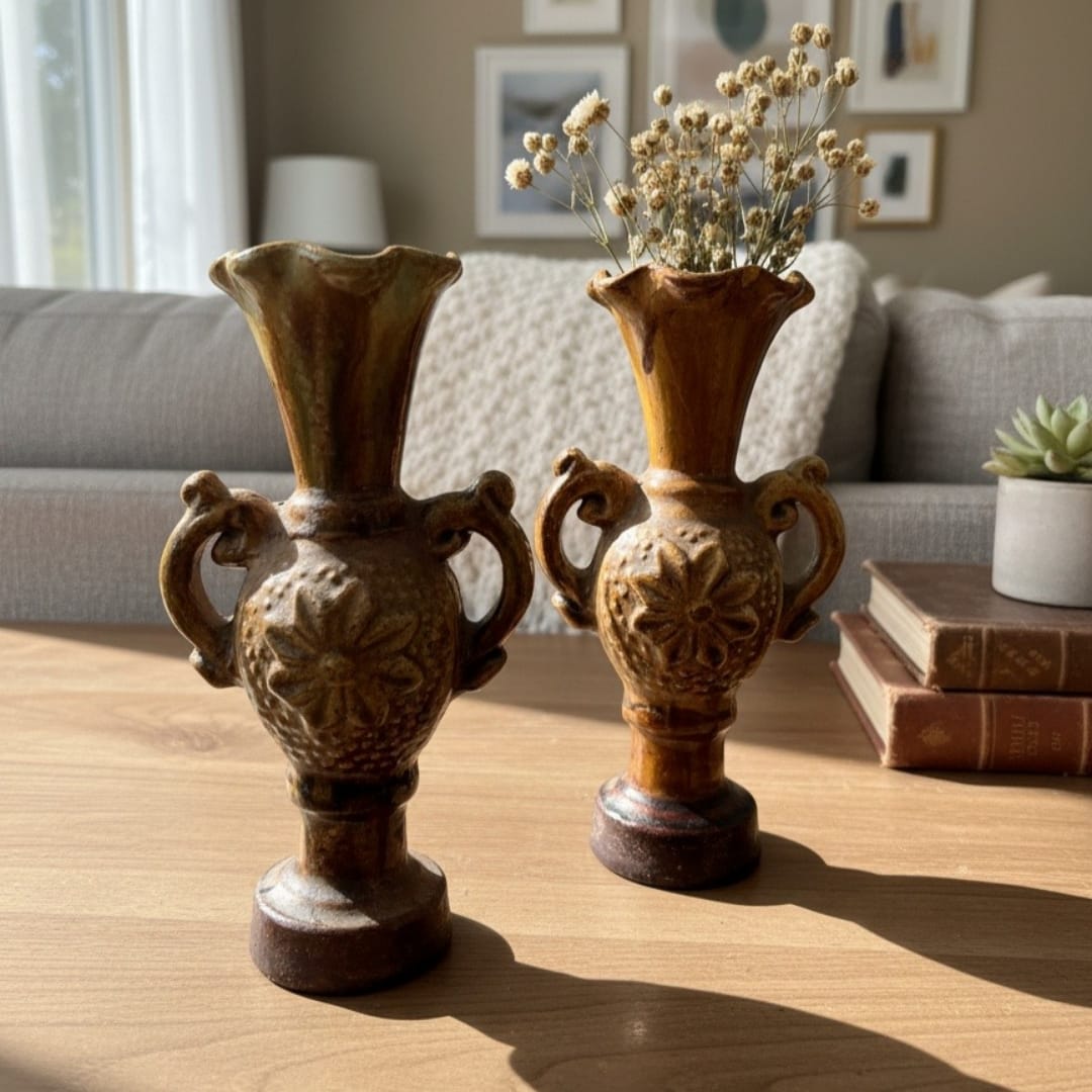 1986 Antique Ceramic Artifacts Vase Pair | Decorative Antique Display Vases