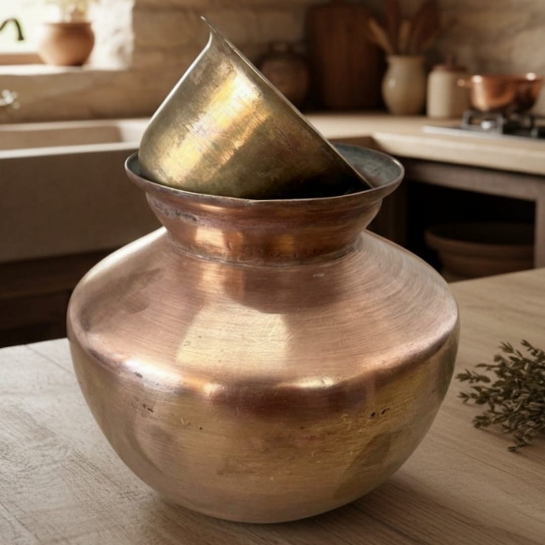 1979 Antique Brass Kalash with Pyala | Classic Brass Water Vessel Set