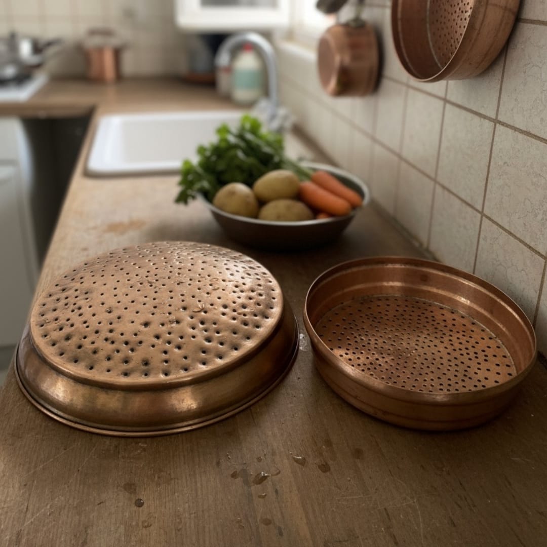 1986 Antique Brass Colanders (Set of Two) | Perforated Brass Strainers