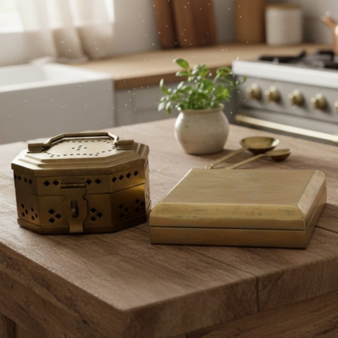 1992 Antique Brass Storage Boxes in Pair | Traditional Brass Containers