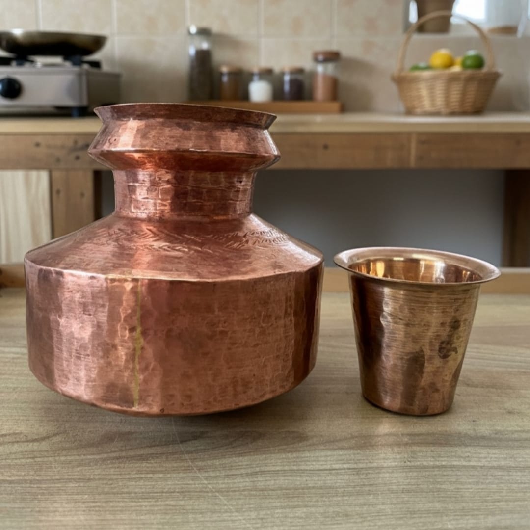 1979 Antique Copper Kalash with Brass Pyala | Copper & Brass Kalash Set