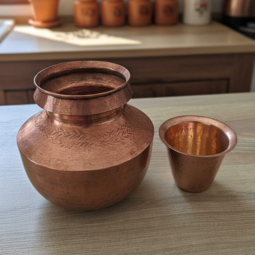1979 Antique Copper Kalash with Brass Pyala | Copper & Brass Kalash Set