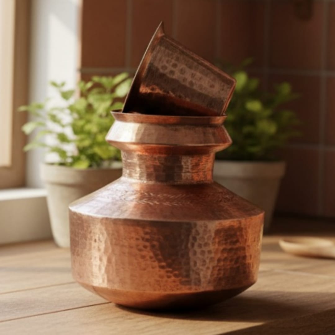 1979 Antique Copper Kalash with Brass Pyala | Copper & Brass Kalash Set