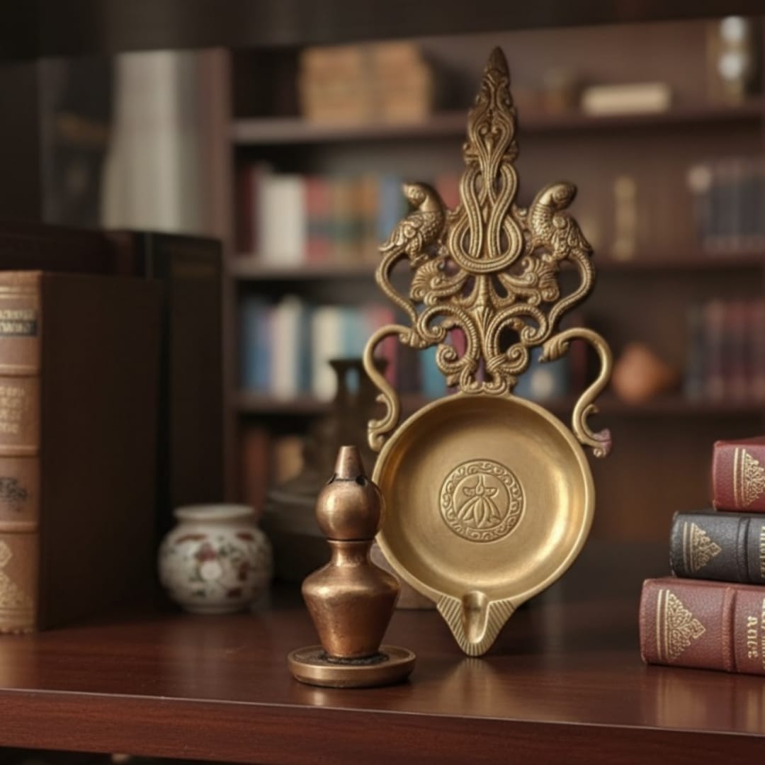 1986 Antique Brass Engraved Diya with Incense Holder | Decorative Brass Utility Piece