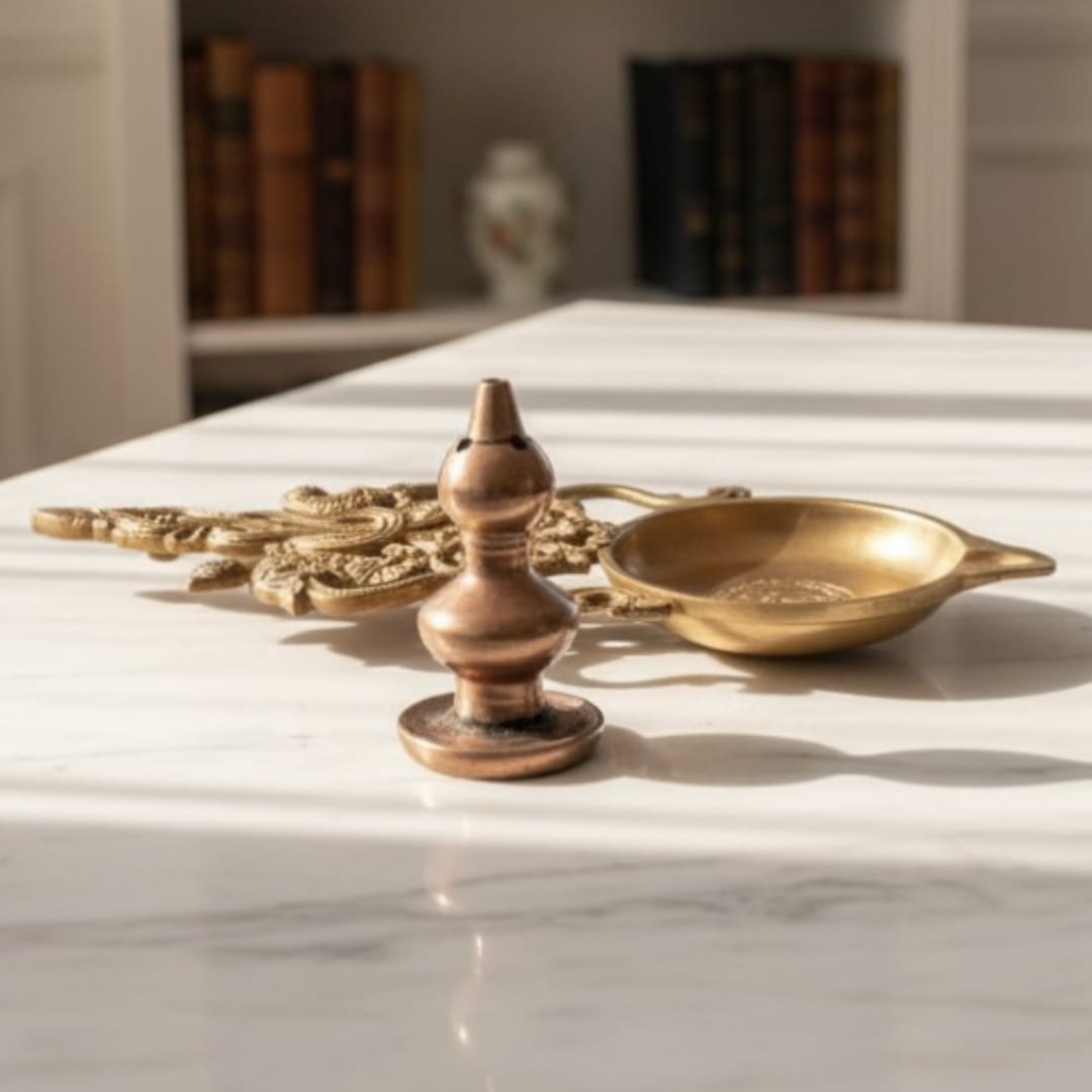 1986 Antique Brass Engraved Diya with Incense Holder | Decorative Brass Utility Piece