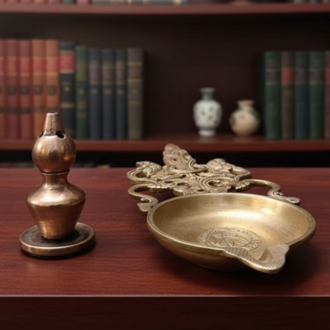 1986 Antique Brass Engraved Diya with Incense Holder | Decorative Brass Utility Piece