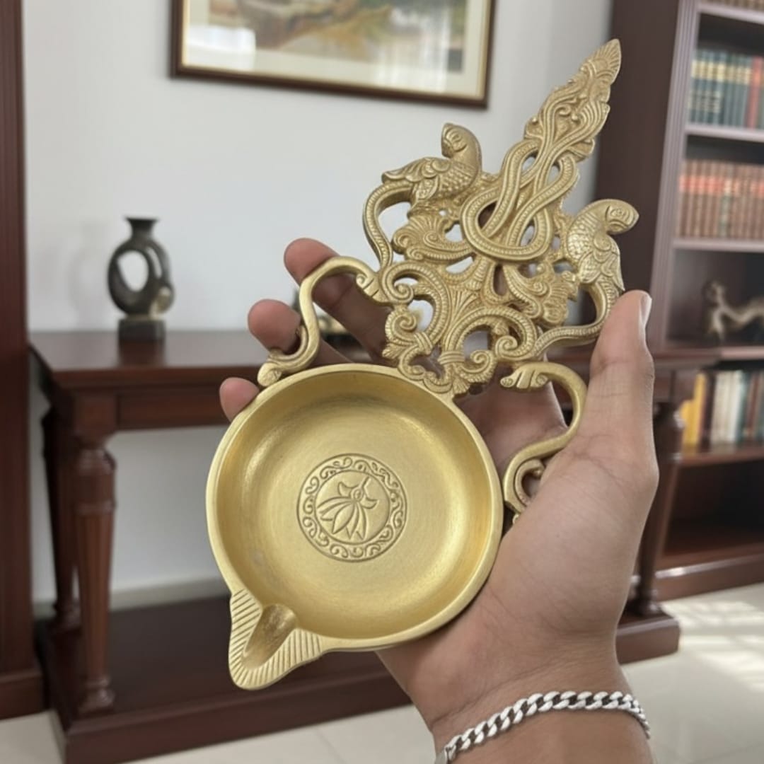 1986 Antique Brass Engraved Diya with Incense Holder | Decorative Brass Utility Piece