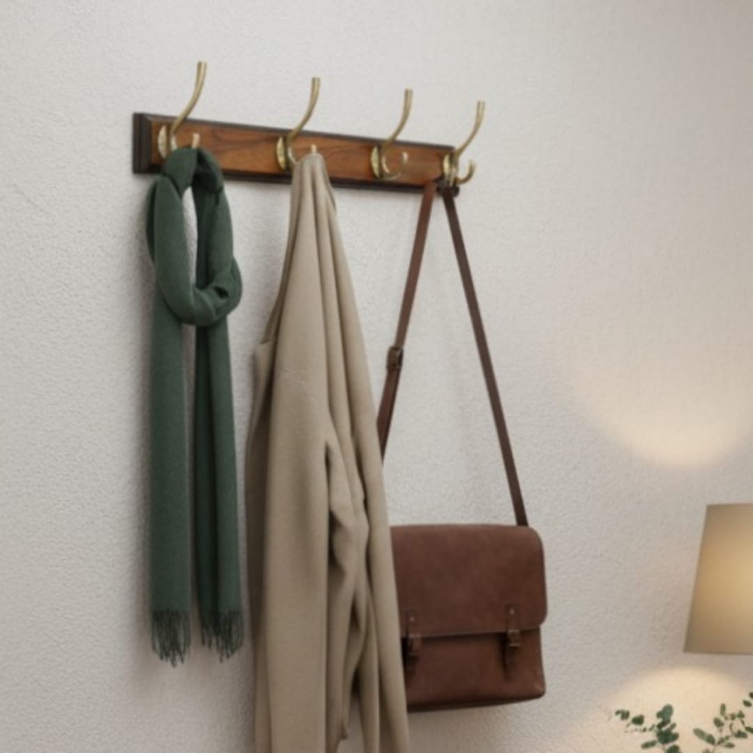 1991 Vintage Teakwood Wall Hanger with Brass Hook | Wooden Wall Storage Hook