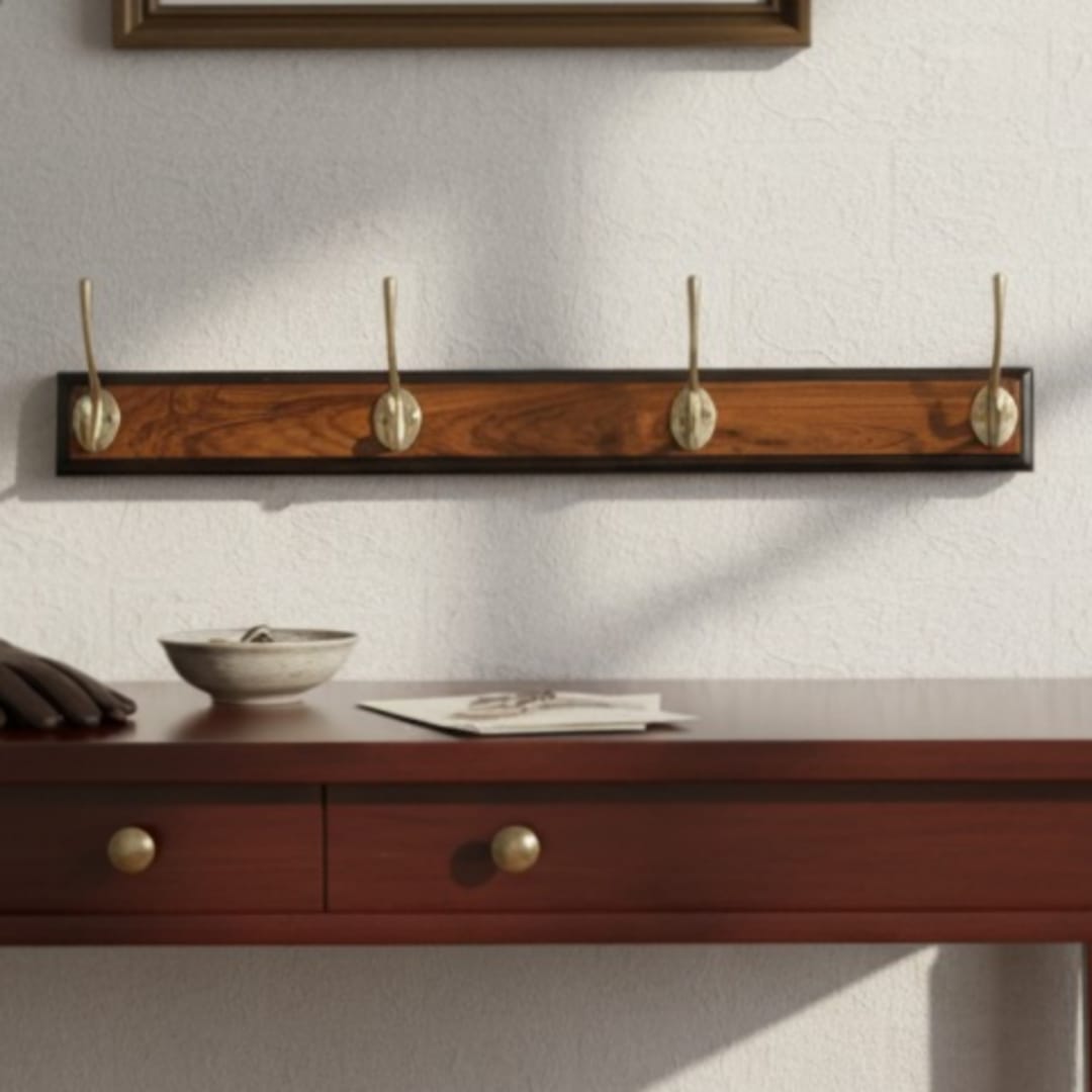 1991 Vintage Teakwood Wall Hanger with Brass Hook | Wooden Wall Storage Hook