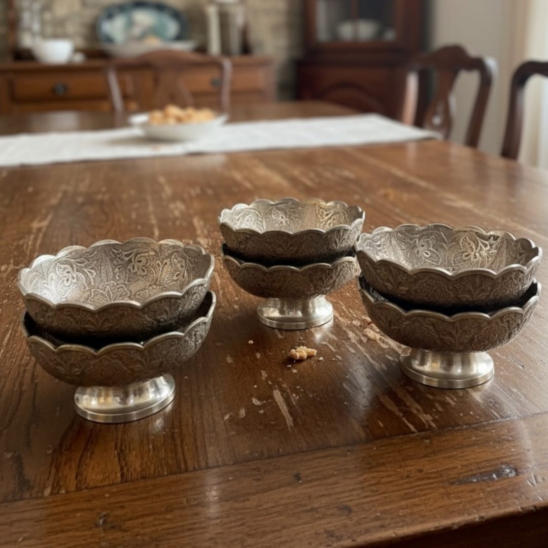 1989 Antique Brass Silver-Coated Engraved Decor Bowls Set of 6 | Decorative Brass Bowls