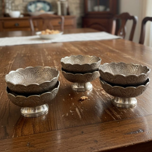 1989 Antique Brass Silver-Coated Engraved Decor Bowls Set of 6 | Decorative Brass Bowls