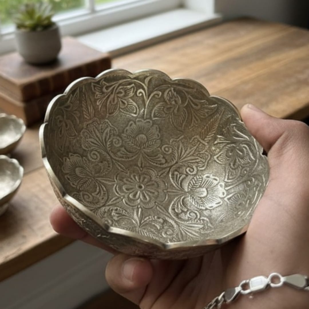 1989 Antique Brass Silver-Coated Engraved Decor Bowls Set of 6 | Decorative Brass Bowls