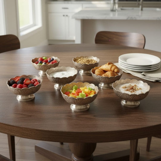 1989 Antique Brass Silver-Coated Engraved Decor Bowls Set of 6 | Decorative Brass Bowls