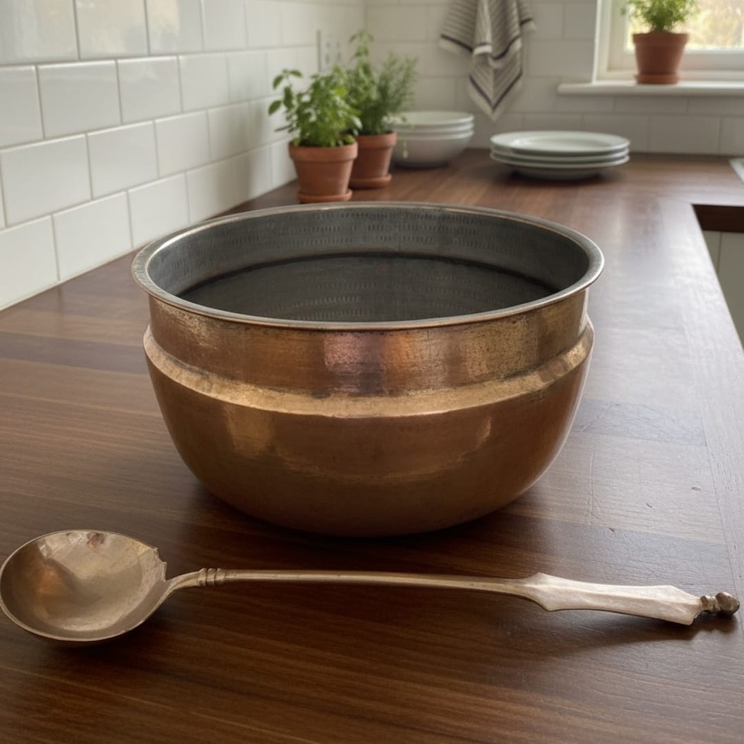 1984 Antique Brass Large Cooking Bowl with Ladle | Traditional Brass Cooking Vessel