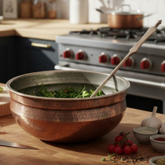 1984 Antique Brass Large Cooking Bowl with Ladle | Traditional Brass Cooking Vessel