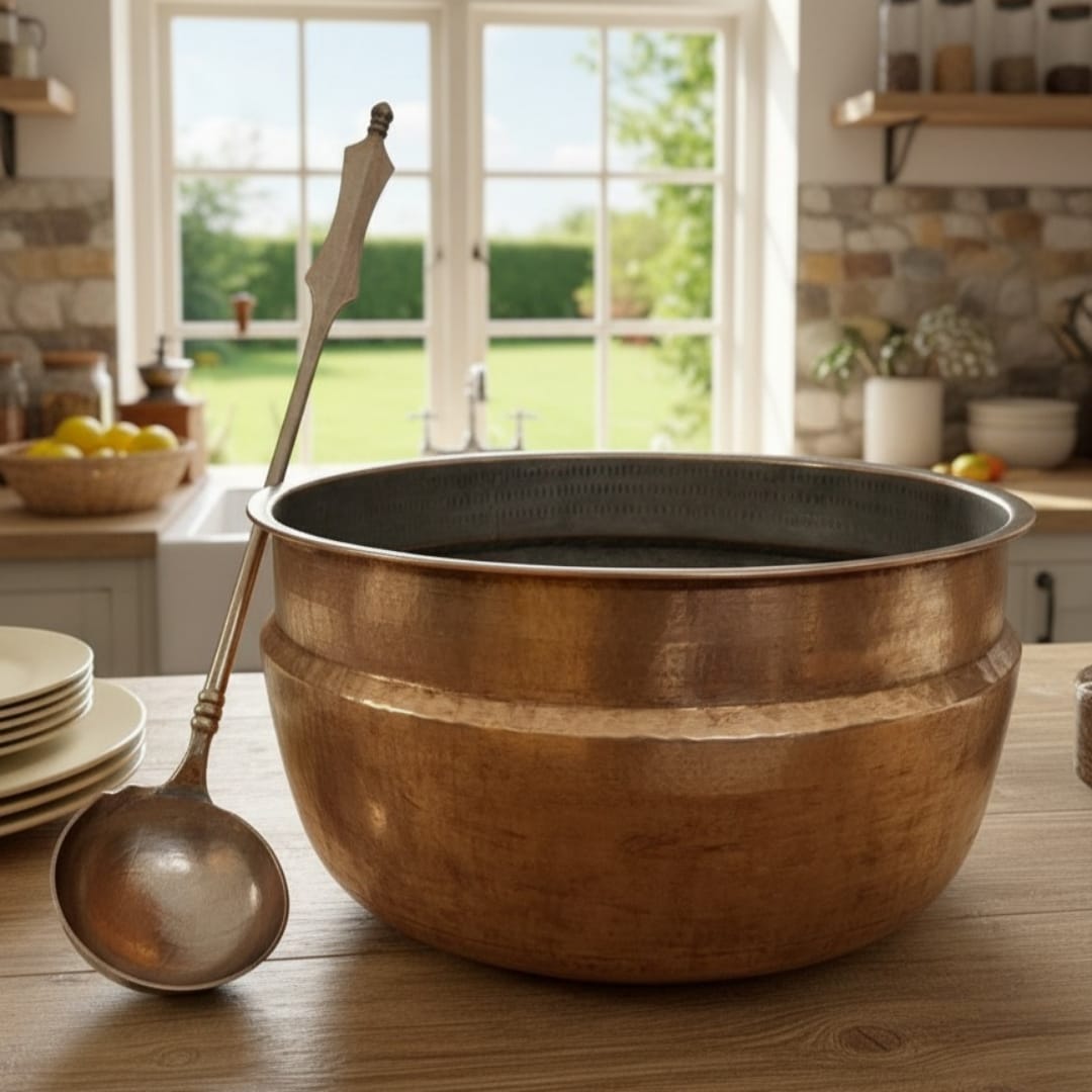 1984 Antique Brass Large Cooking Bowl with Ladle | Traditional Brass Cooking Vessel