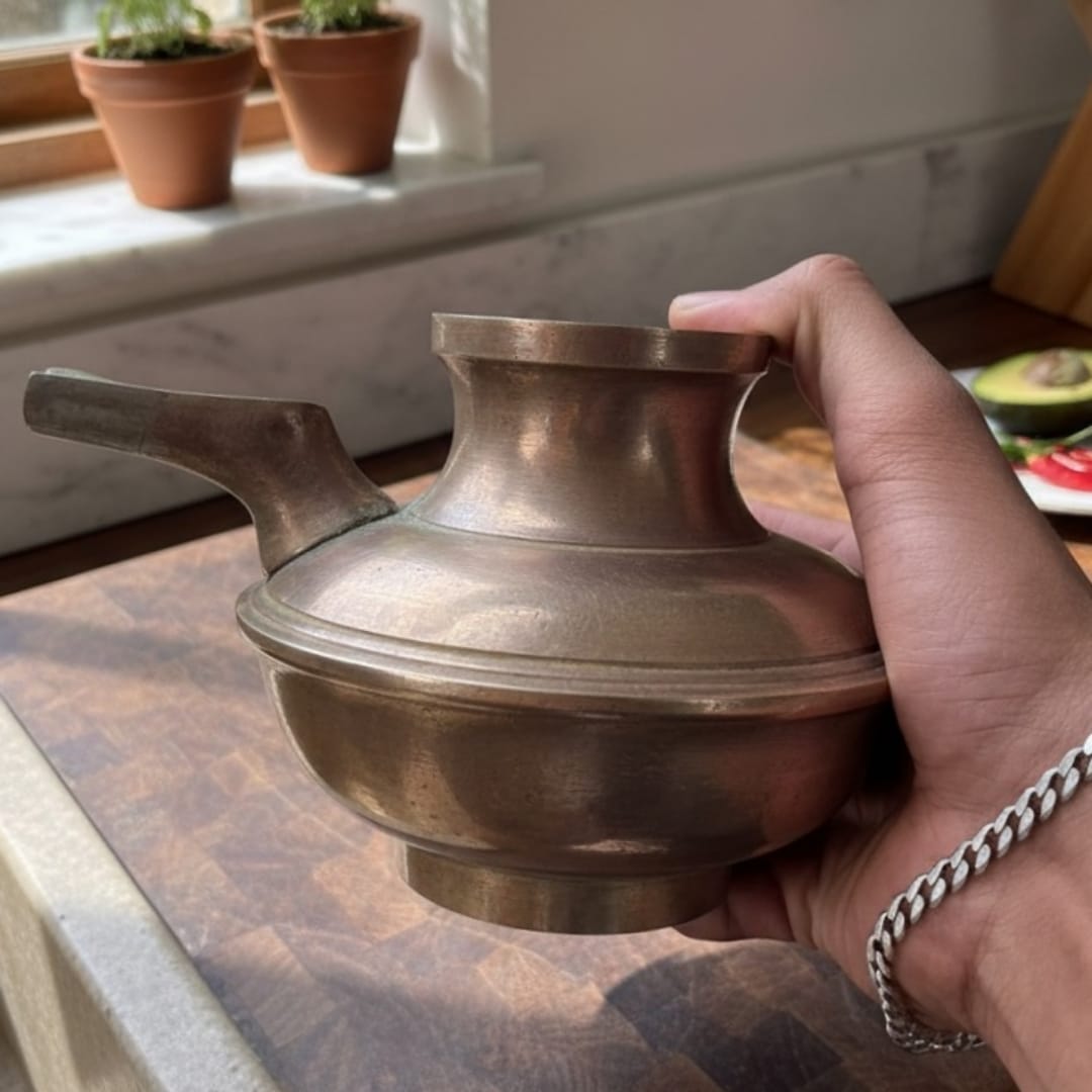 1986 Antique Brass Ghee Pot with Nozzle | Traditional Brass Kitchen Vessel