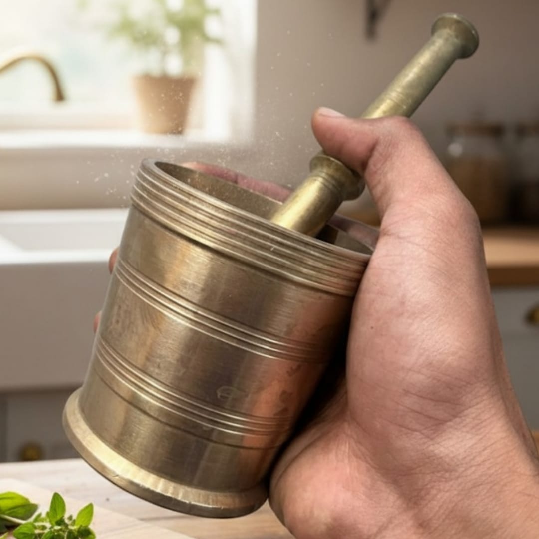 1985 Antique Brass Khalbatta with Batata | Traditional Brass Grinding Tool