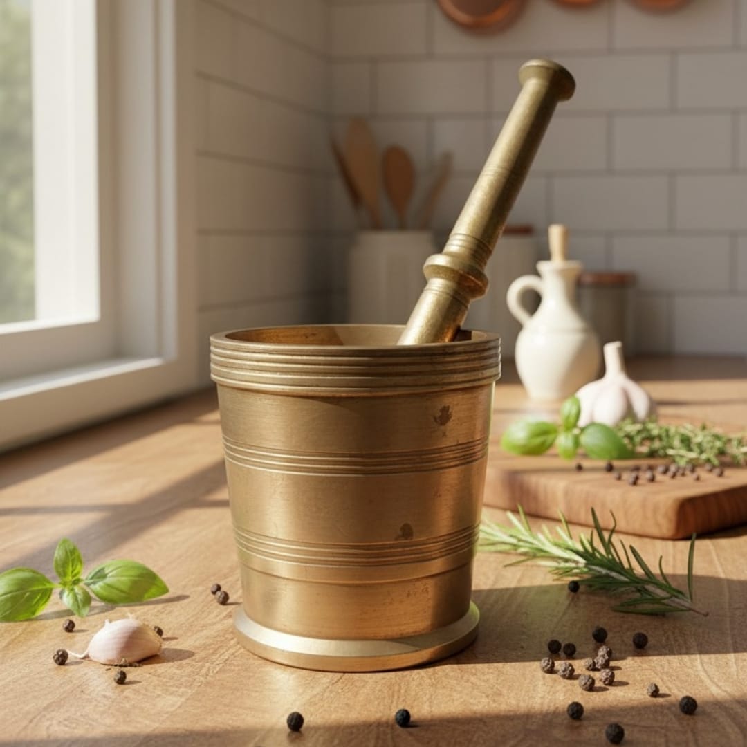 1985 Antique Brass Khalbatta with Batata | Traditional Brass Grinding Tool