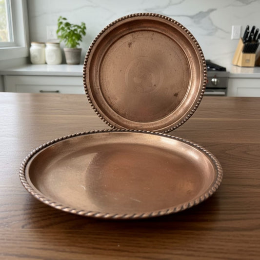 1987 Antique Brass Plates with Ornated Borders in Pair | Traditional Brass Table Plates