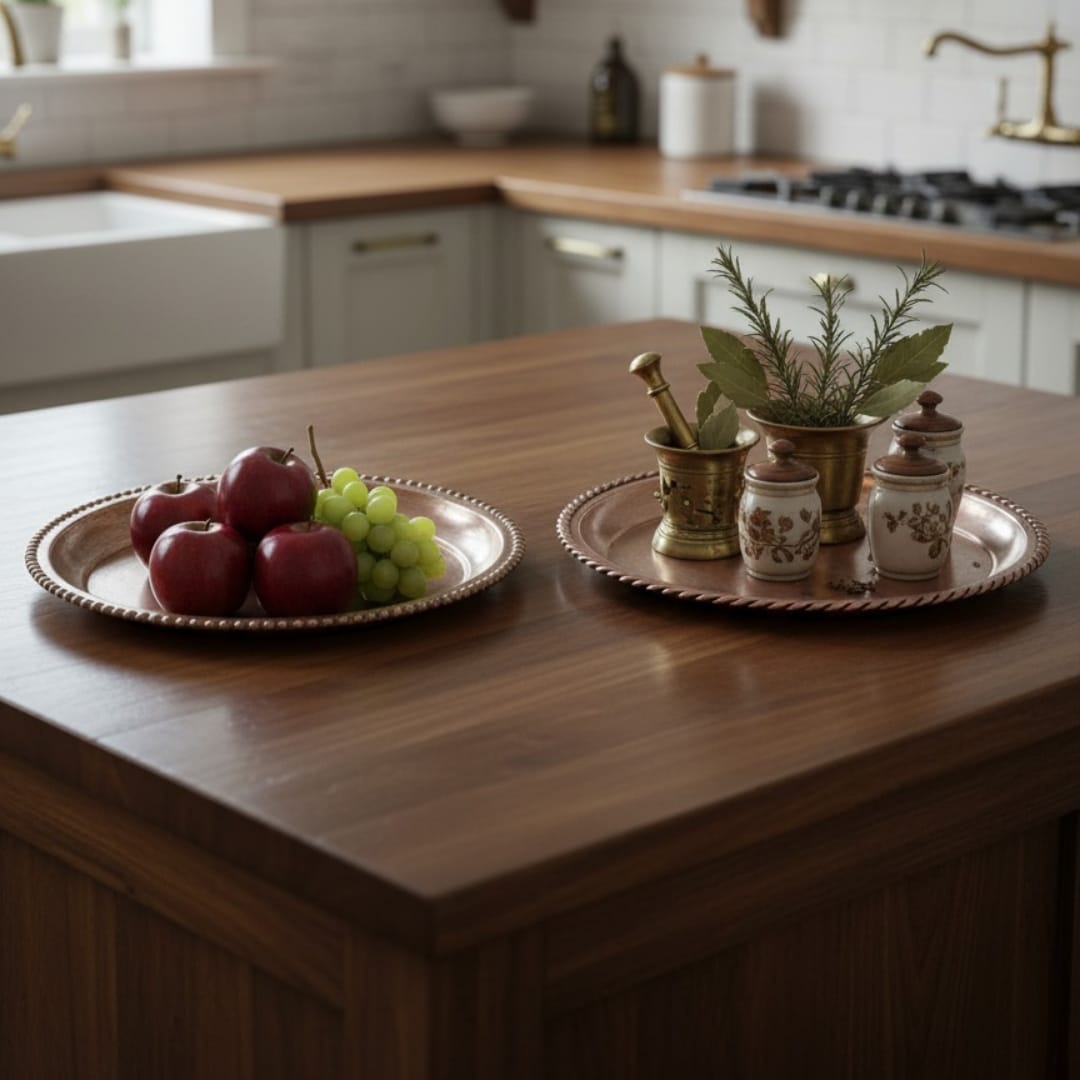 1987 Antique Brass Plates with Ornated Borders in Pair | Traditional Brass Table Plates