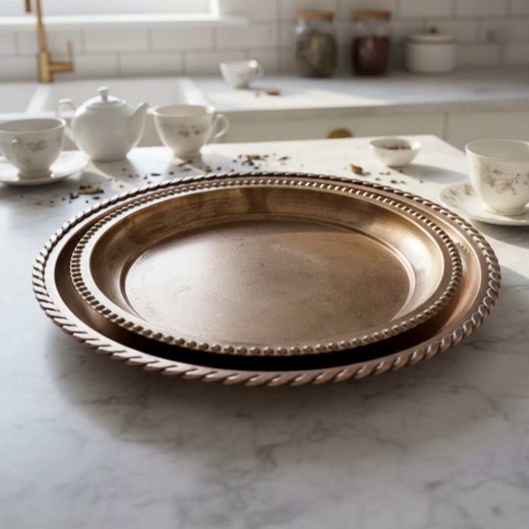 1987 Antique Brass Plates with Ornated Borders in Pair | Traditional Brass Table Plates