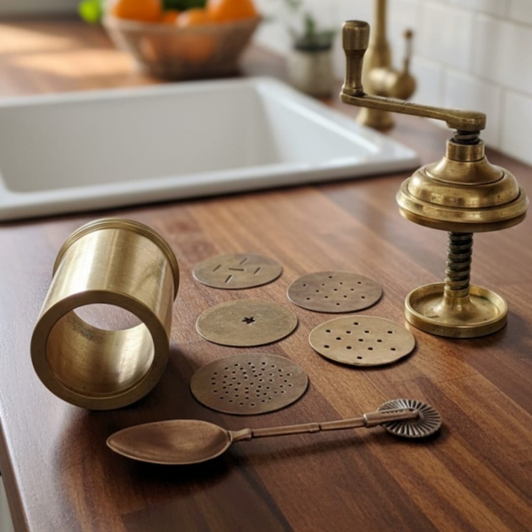 1986 Antique Brass Chakli Maker with Ladle | Traditional Brass Press Tool