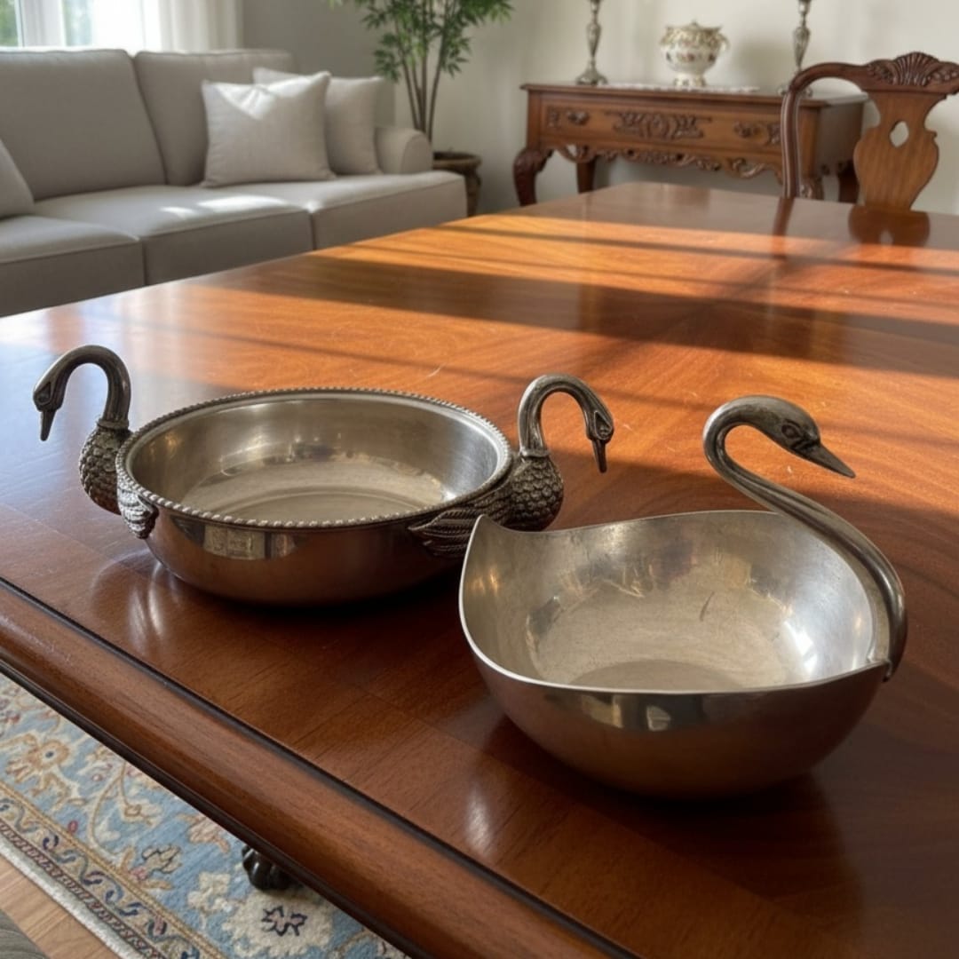 1986 Antique Brass Silver-Coated Serving Bowls with Swan Handles in Pair | Decorative Brass Serving Bowls