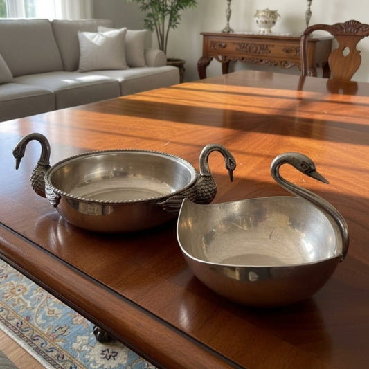 1986 Antique Brass Silver-Coated Serving Bowls with Swan Handles in Pair | Decorative Brass Serving Bowls