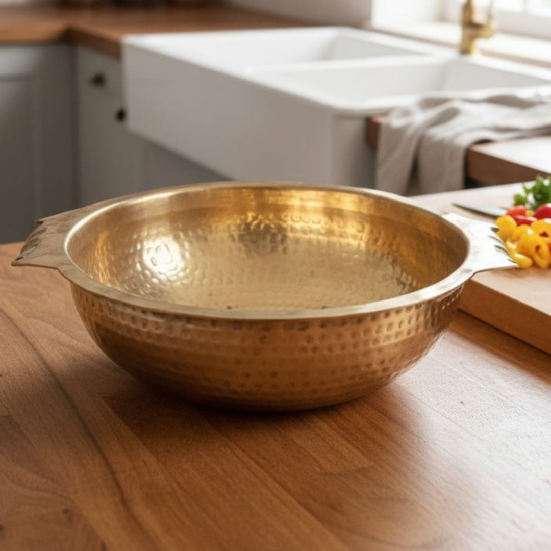 1992 Antique Brass Urli with Side Handles | Large Brass Decorative Bowl