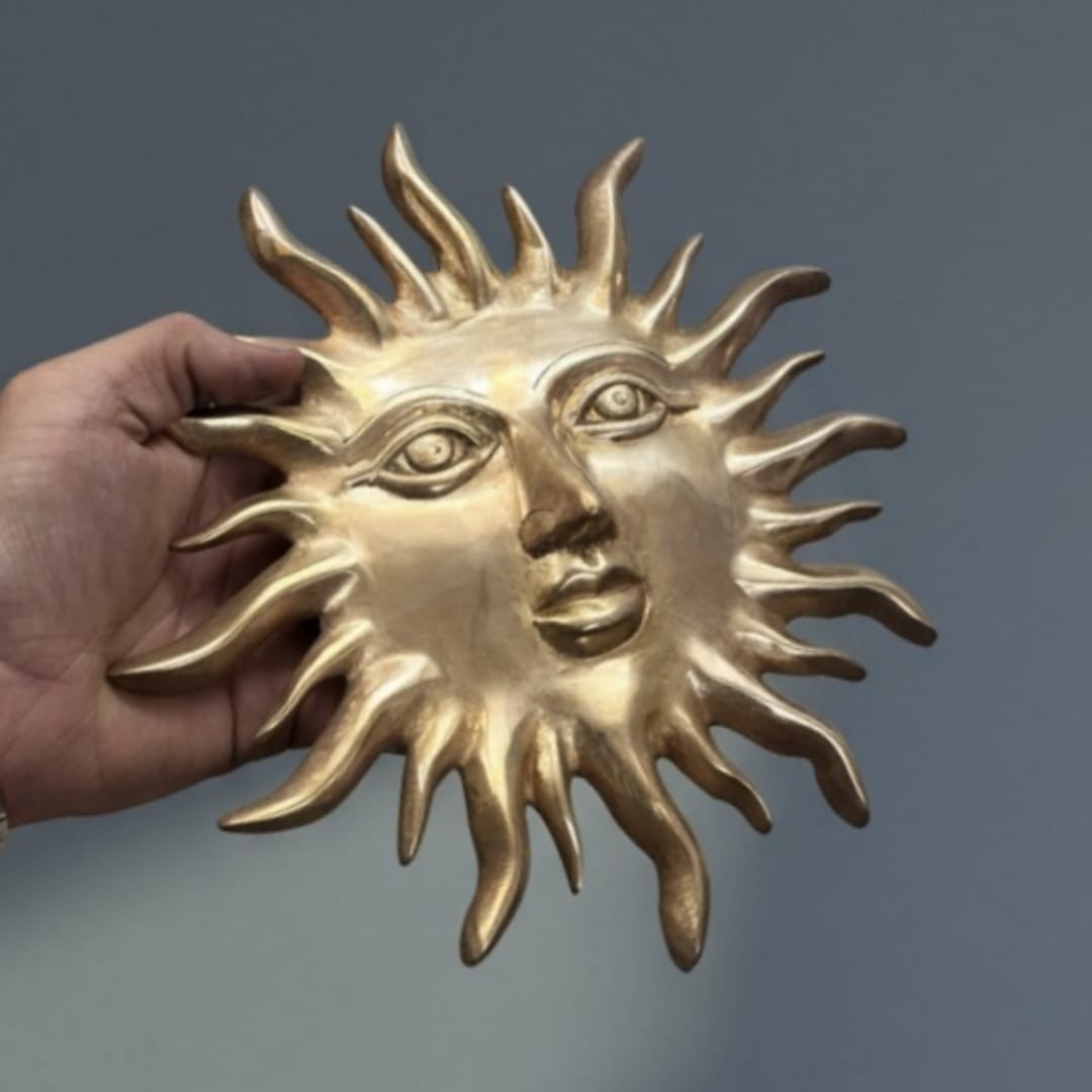 1985 Antique Brass Decorative Sun Face | Engraved Brass Wall Accent