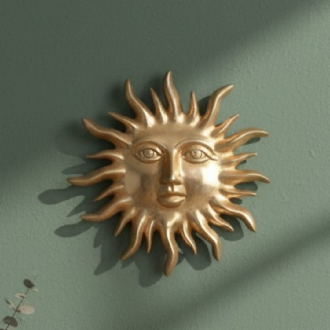 1985 Antique Brass Decorative Sun Face | Engraved Brass Wall Accent