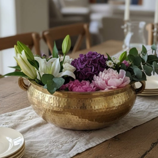 1992 Antique Brass Urli with Side Handles | Large Brass Decorative Bowl