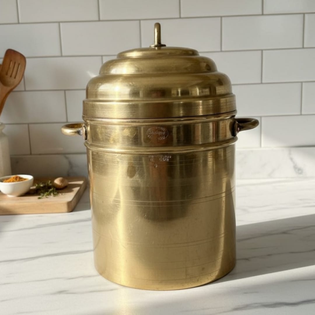 1975 Antique Brass Steamer with Ladle | Large Brass Cooking Vessel