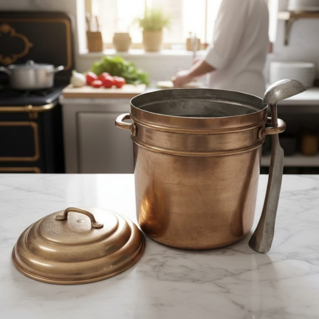 1975 Antique Brass Steamer with Ladle | Large Brass Cooking Vessel