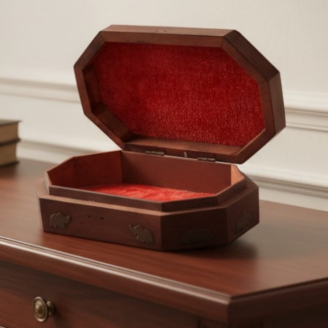 1978 Antique Teakwood Engraved Storage Box | Elephant Motif Wooden Box