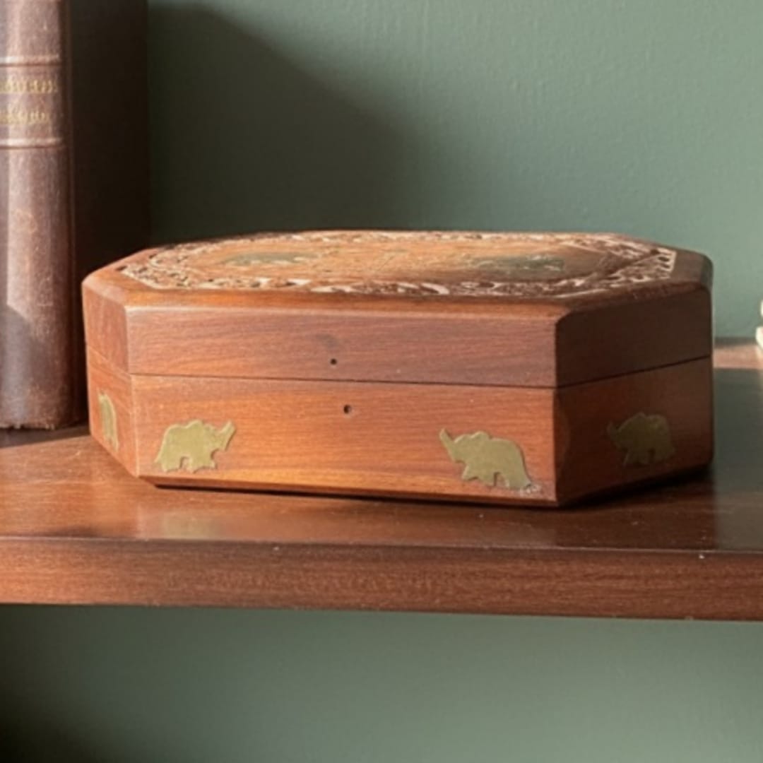 1978 Antique Teakwood Engraved Storage Box | Elephant Motif Wooden Box