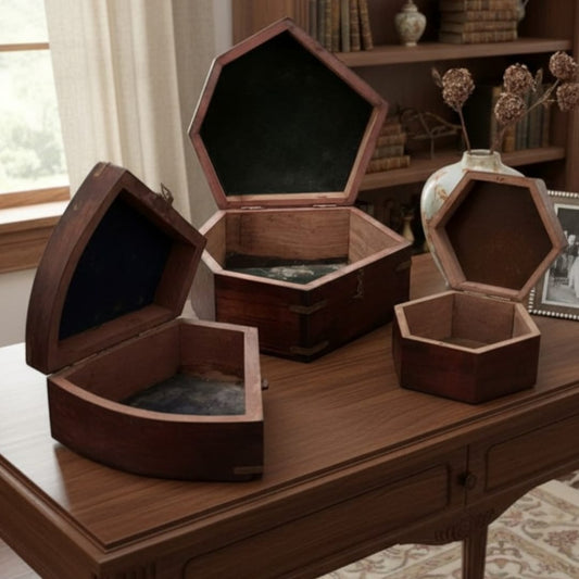 1976 Antique Wooden Box Set of 3 | Multi-Sized Teakwood Storage Boxes