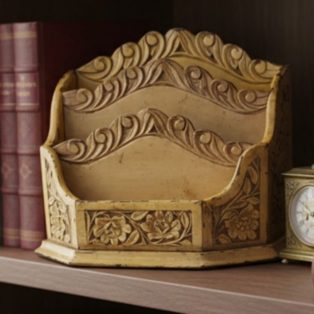 1977 Vintage Wooden Letter Holder | Engraved Teakwood Desk Organizer - Bombay Antiques