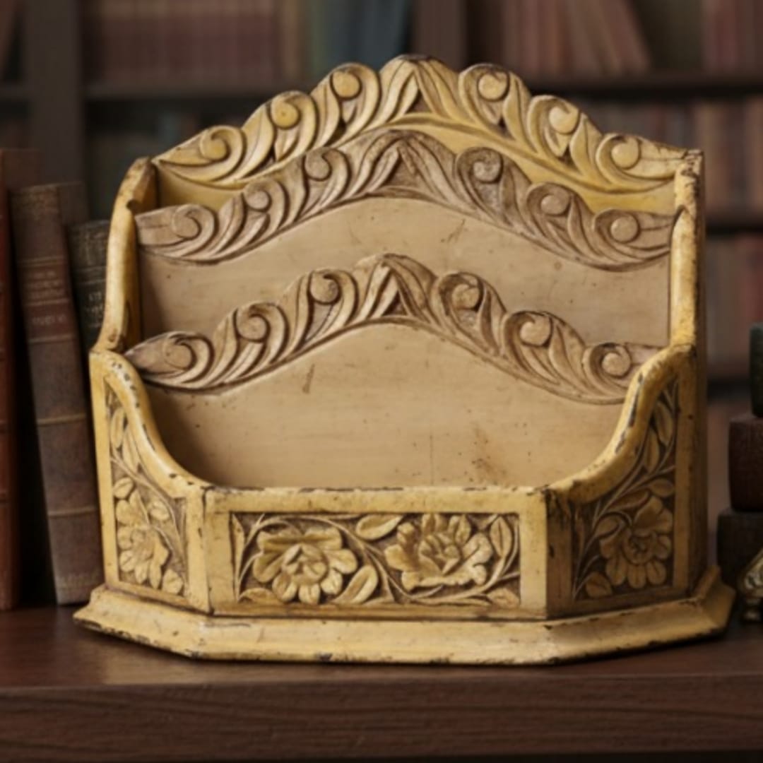 1977 Vintage Wooden Letter Holder | Engraved Teakwood Desk Organizer - Bombay Antiques